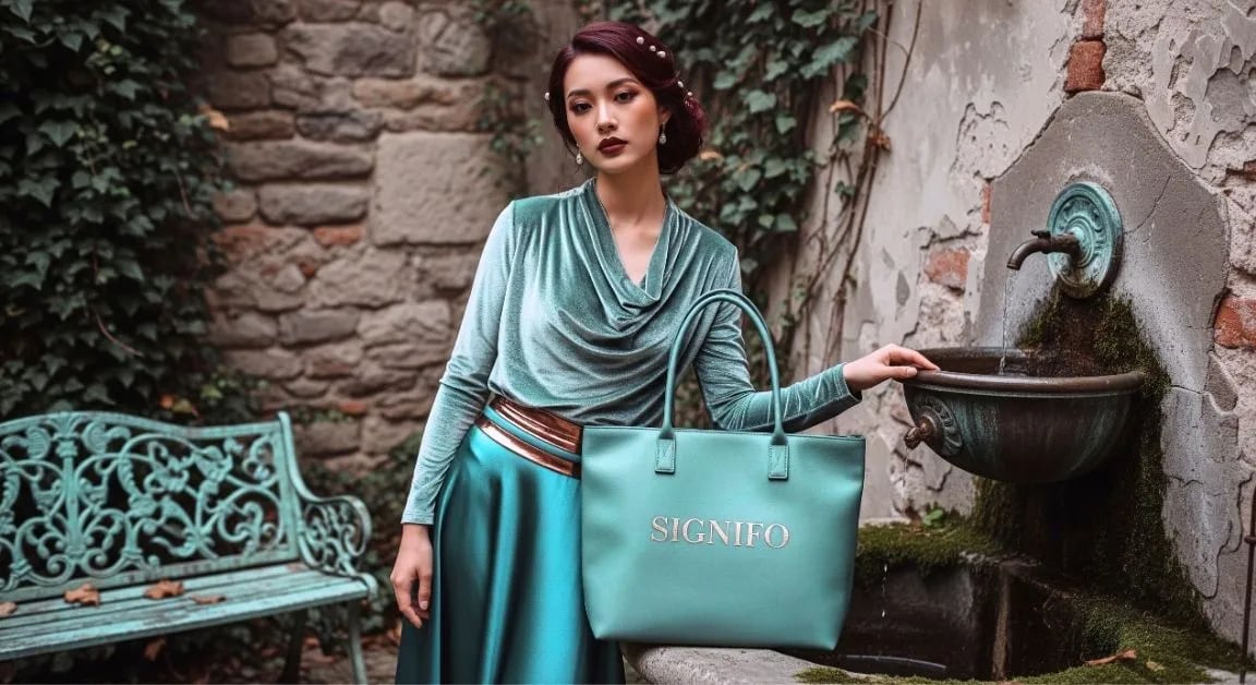 Model wanita dengan hasil aplikasi produk dari kain kanvas polyester SIGNIFO warna HIJAU SAGE