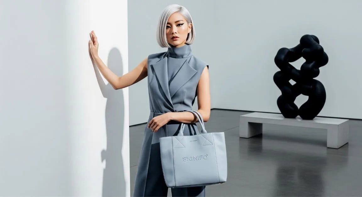 Model wanita dengan hasil aplikasi produk dari kain kanvas polyester SIGNIFO warna ABU MUDA