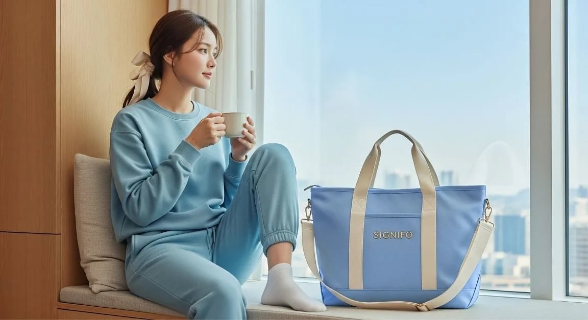 Model wanita dengan hasil aplikasi produk dari kain kanvas polyester SIGNIFO warna BIRU PASTEL