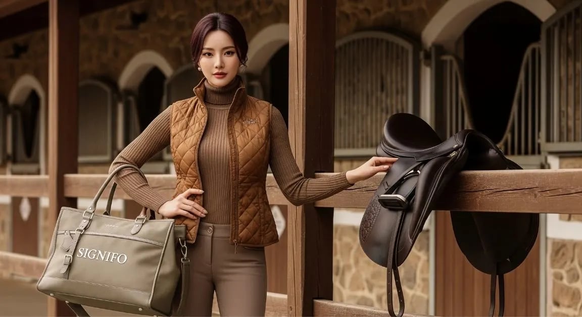Model wanita dengan hasil aplikasi produk dari kain kanvas polyester SIGNIFO warna 