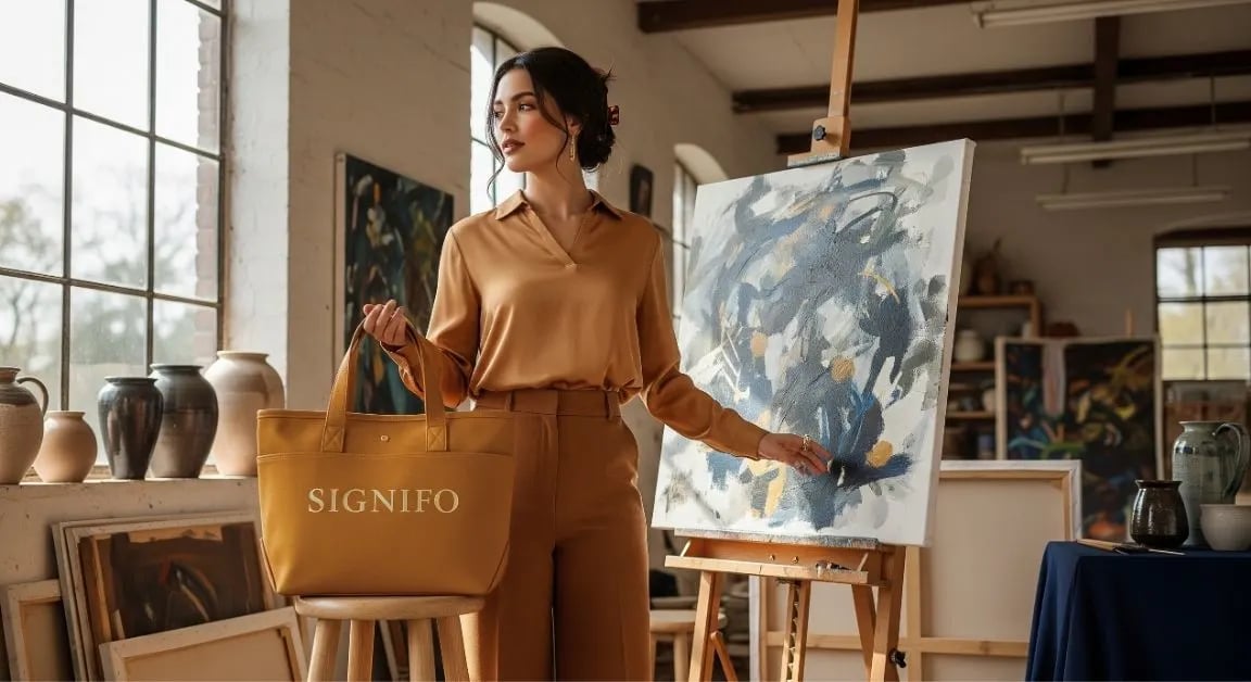 Model wanita dengan hasil aplikasi produk dari kain kanvas polyester SIGNIFO warna KUNING BUSUK