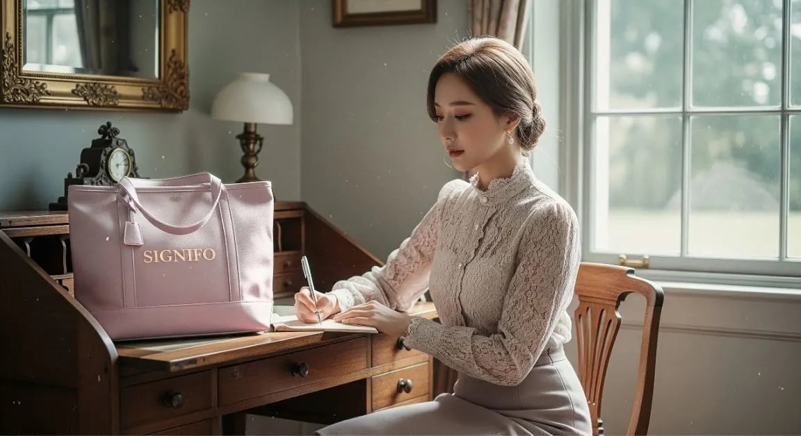 Model wanita dengan hasil aplikasi produk dari kain kanvas polyester SIGNIFO warna SUSU MILO
