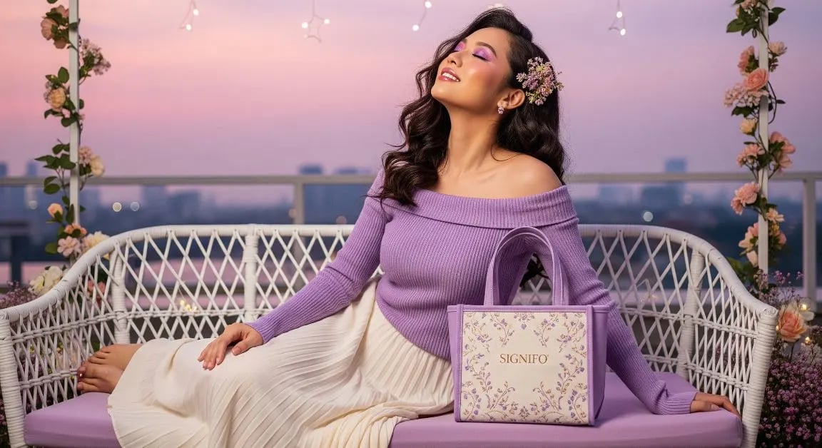 Model wanita dengan hasil aplikasi produk dari kain kanvas polyester SIGNIFO warna UNGU MUDA