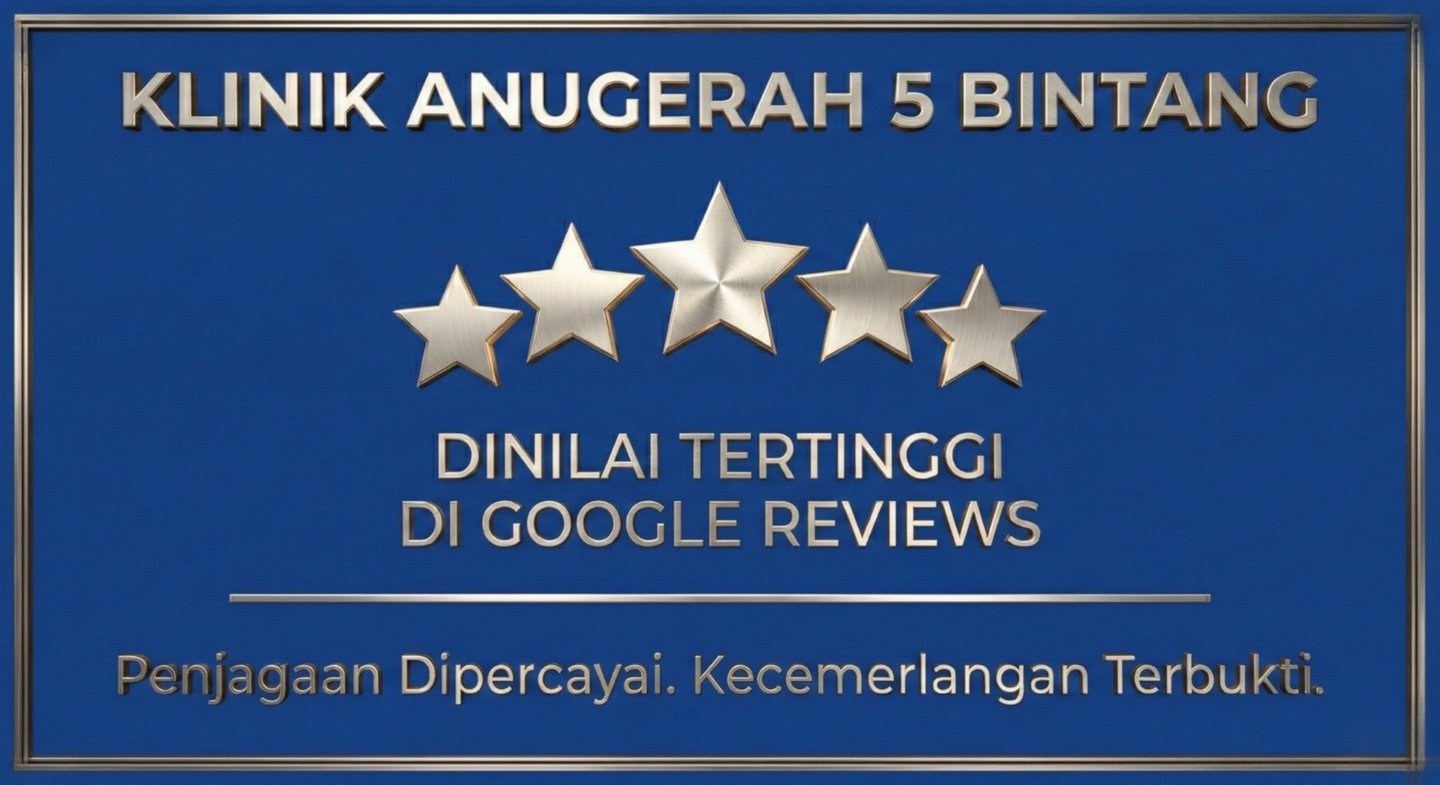 5-star Google Reviews award badge for Klinik Medcare, symbolizing excellent patient satisfaction,