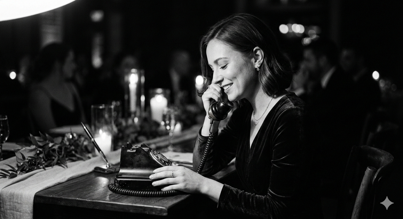 A smiling woman uses a vintage rotary phone audio guestbook at a formal wedding reception.