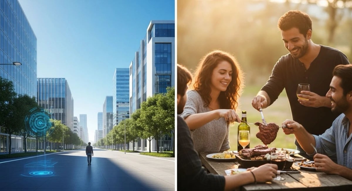 a man and woman eating food in a city