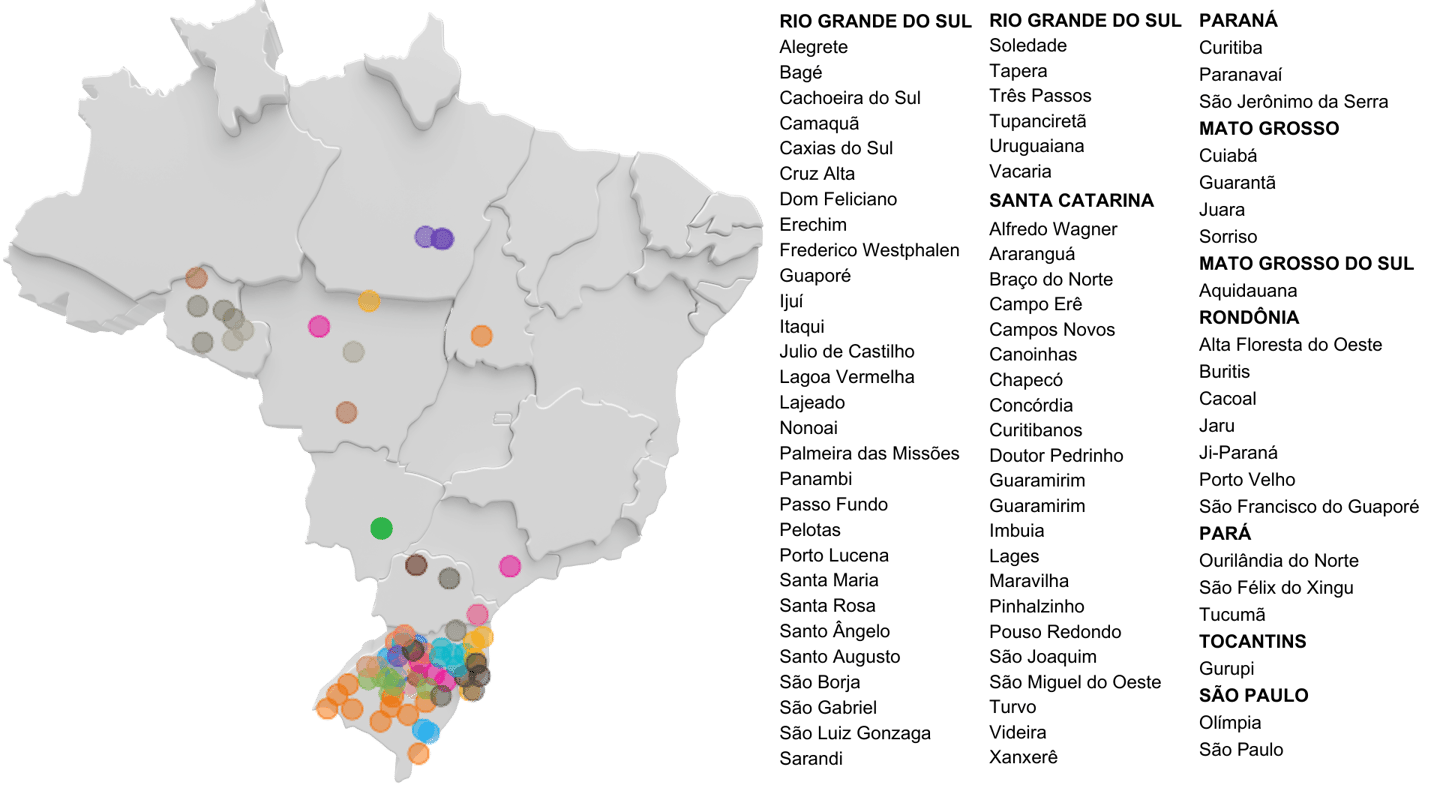 Rio Grande do Sul Alegrete Bagé Cachoeira do Sul Camaquã Caxias do Sul Cruz Alta Dom Feliciano Erech