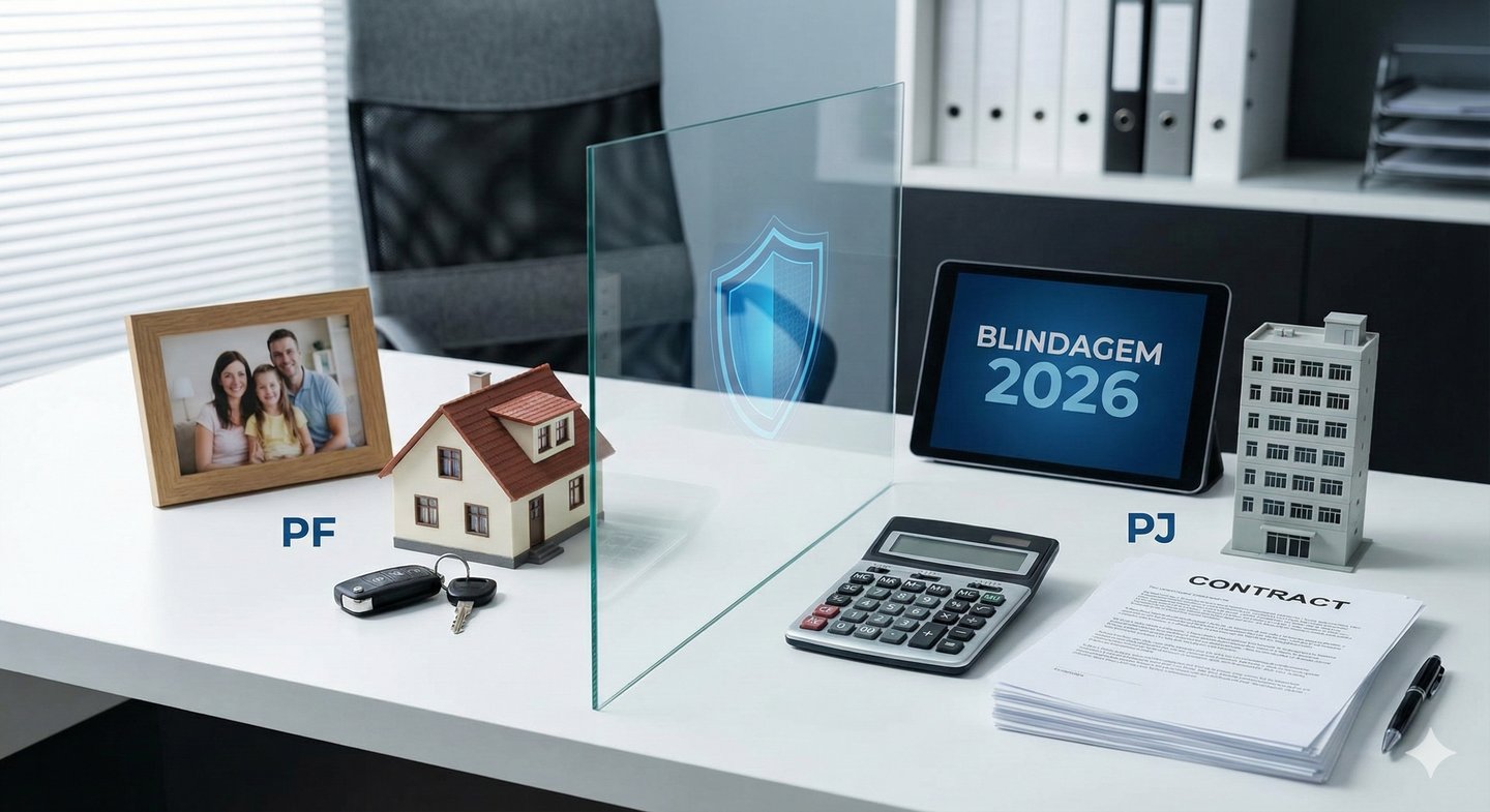 Patrimônios pessoais e empresariais separados sobre uma mesa de escritório.