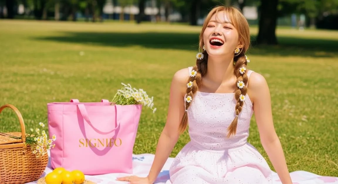 Seorang Model dengan Tote Bag dari kain kanvas polyester SIGNIFO