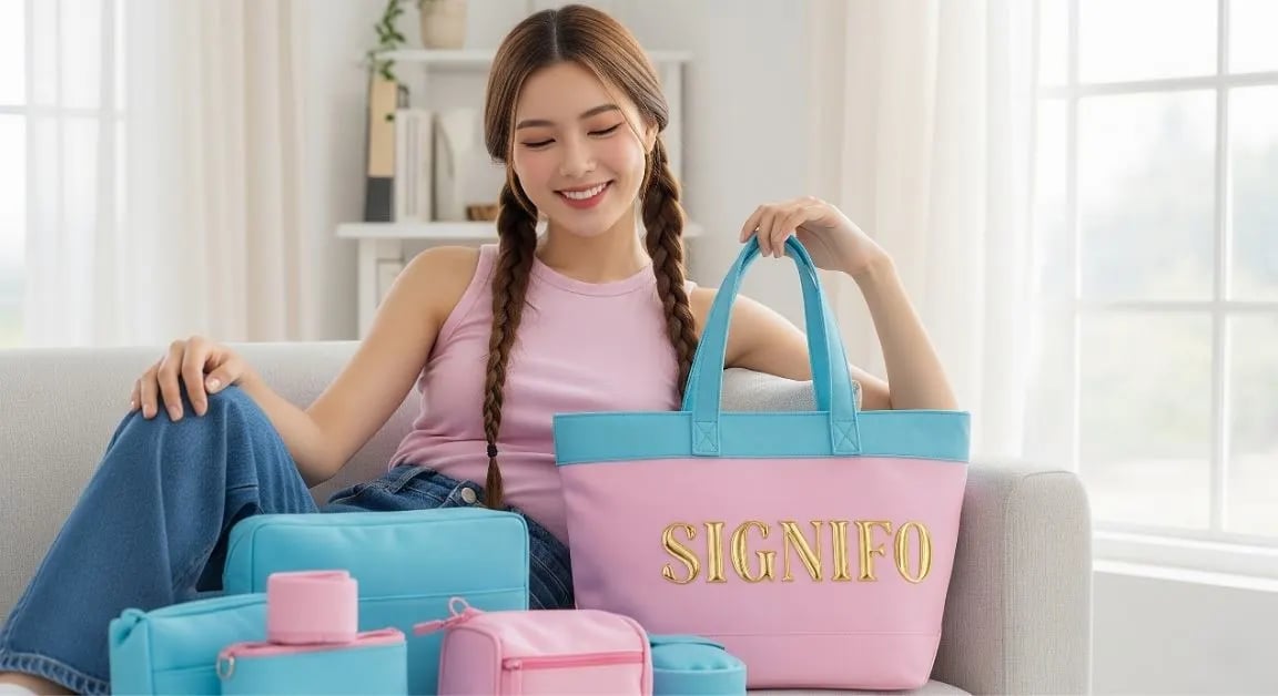 Koleksi tote bag dari kain kanvas SIGNIFO dalam warna pink dan aqua.