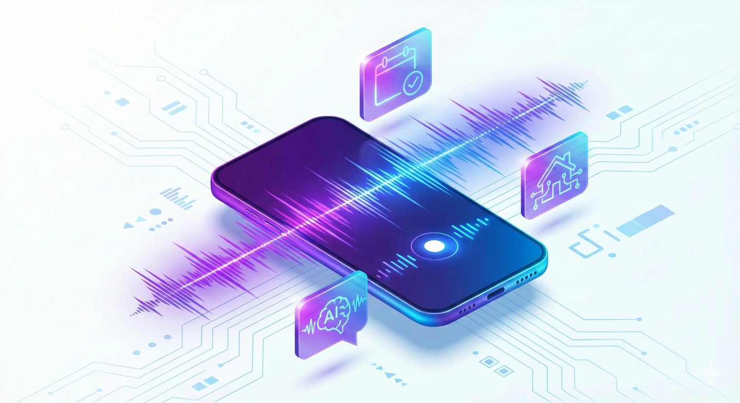 Illustration isométrique d'un smartphone connecté à l'IA, au calendrier et aux données immobilières