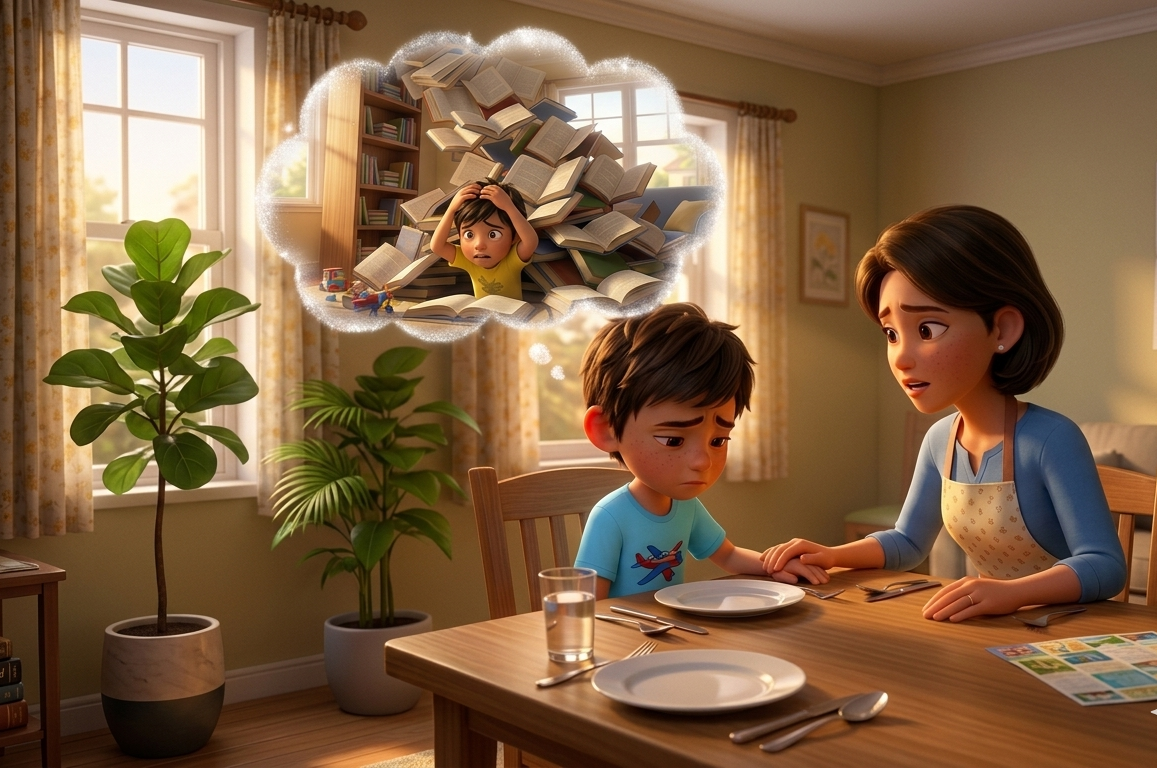 A mother comforts her stressed son who is imagining a pile of overwhelming school books.