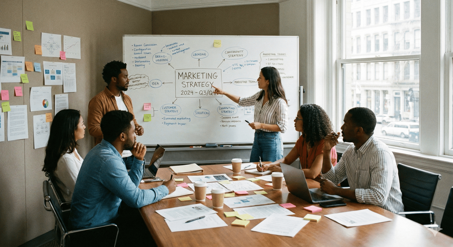 a group of people sitting around a table with papers discussing marketing strategy