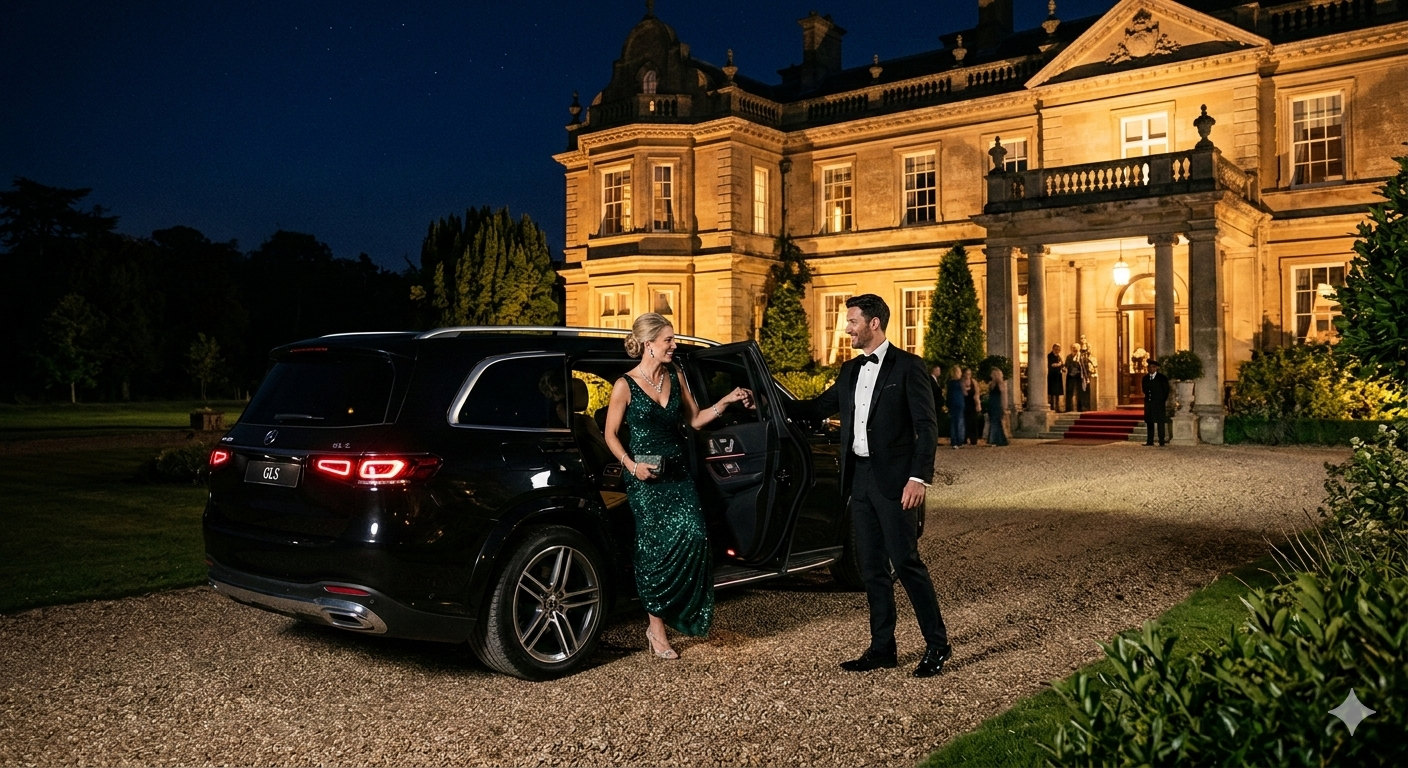 Elegant couple exiting a black Mercedes-Benz GLS SUV at a luxury estate for a black-tie event.