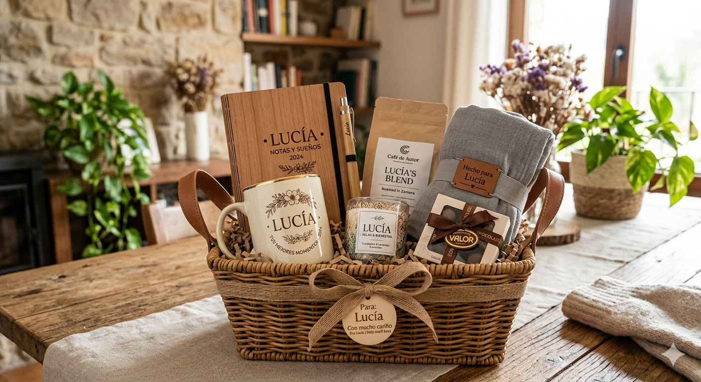Personalized gift basket with a wooden journal, custom ceramic mug, and cozy blanket on a rustic table.