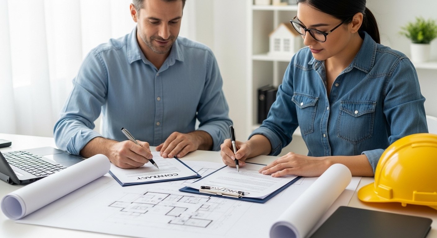 proprietário e engenheiro analisando contrato de obra residencial com plantas arquitetônicas