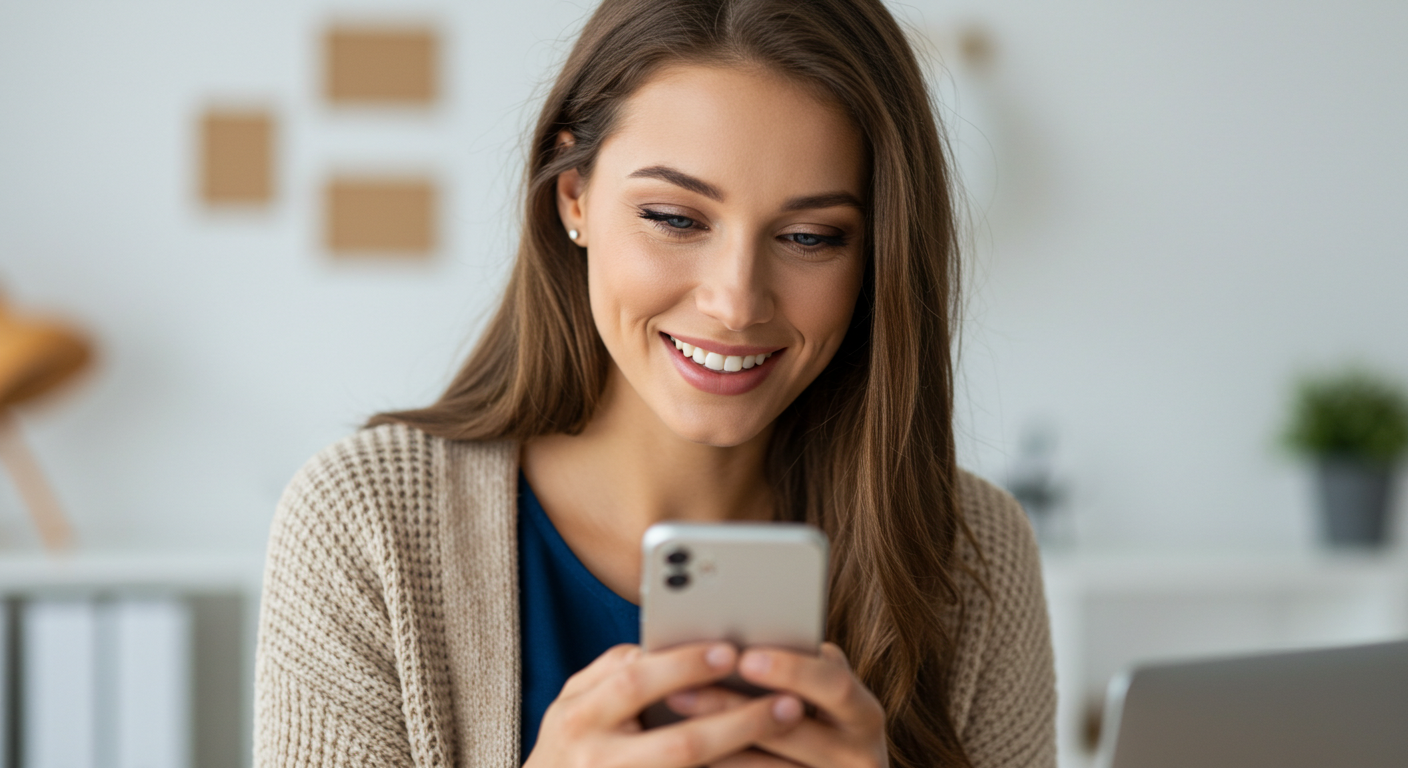 a woman smiling and holding a cell phone