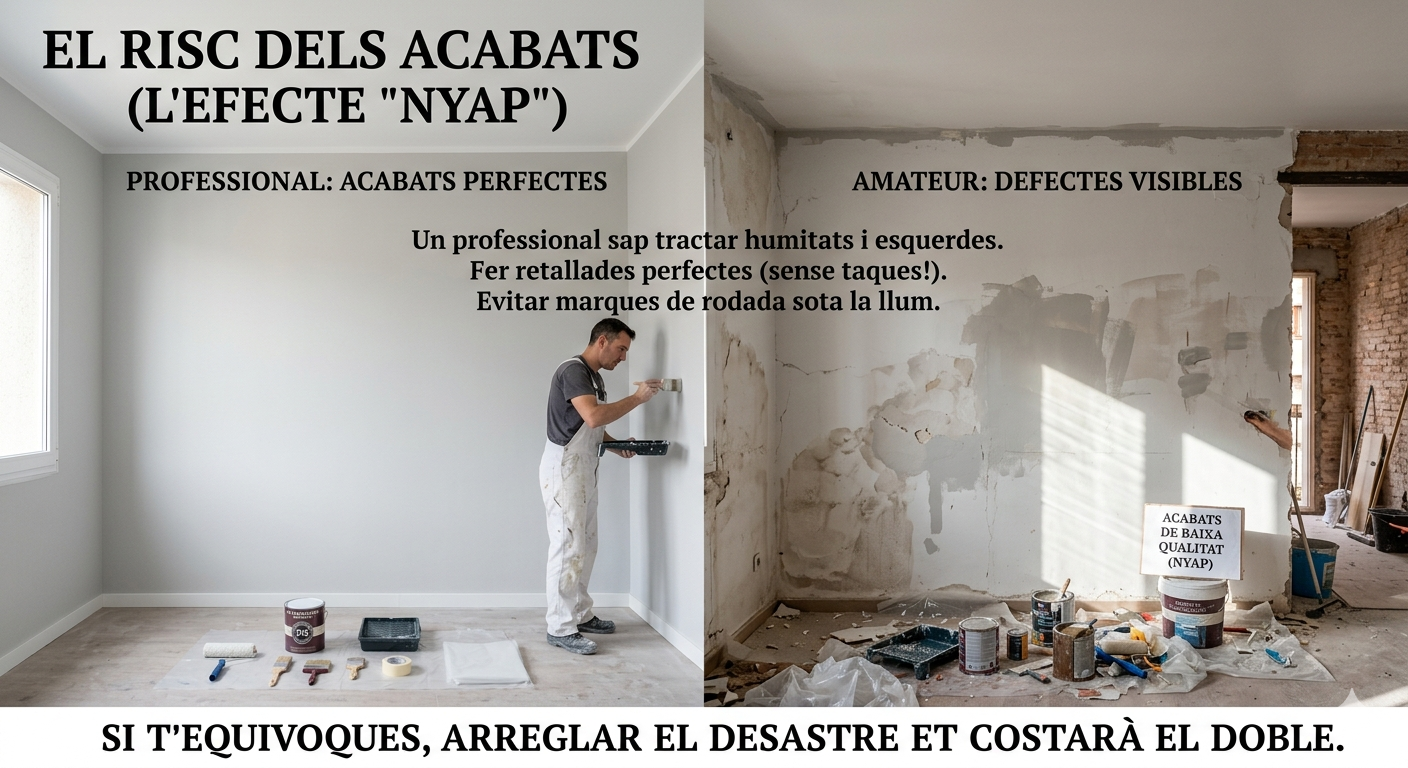 Comparison of professional interior painting versus amateur results showing a neat room and a messy renovation site.