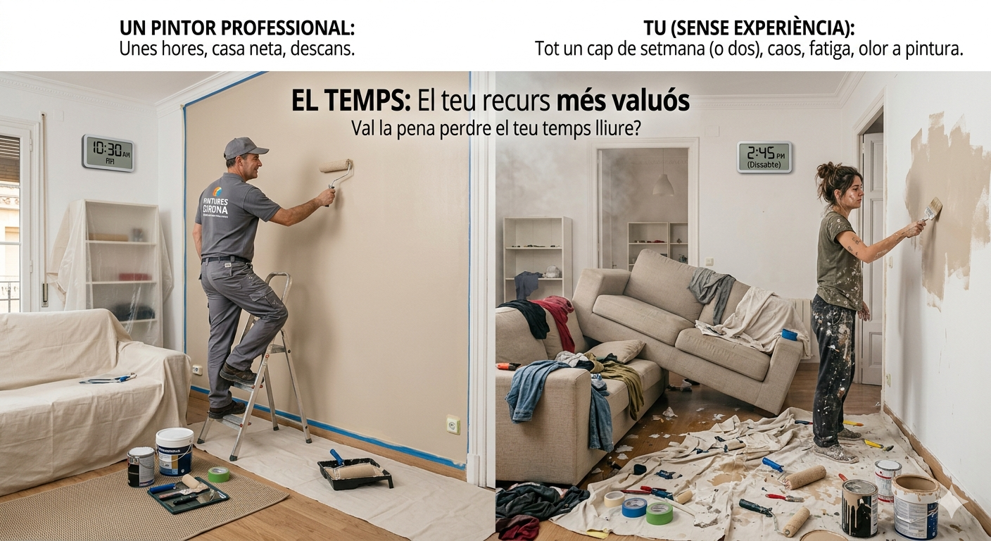 Comparison of a professional painter vs DIY house painting showing a tidy room and a messy room.