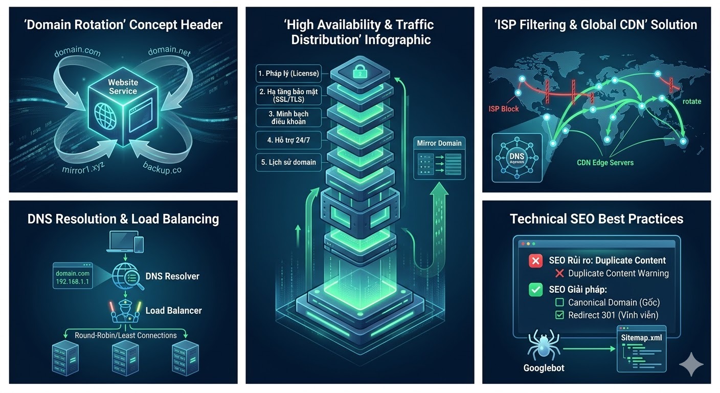 Một dịch vụ cốt lõi được truy cập thông qua nhiều tên miền dự phòng khác nhau.