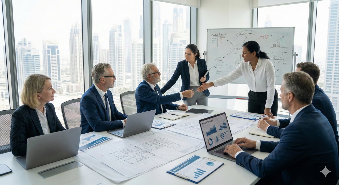 Team of senior consultants collaborating on a strategic blueprint in a modern UAE office