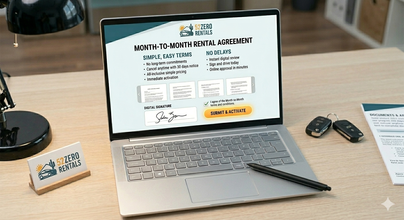 Signing month to month car rental agreement with 52zero Rentals in Tucson Arizona