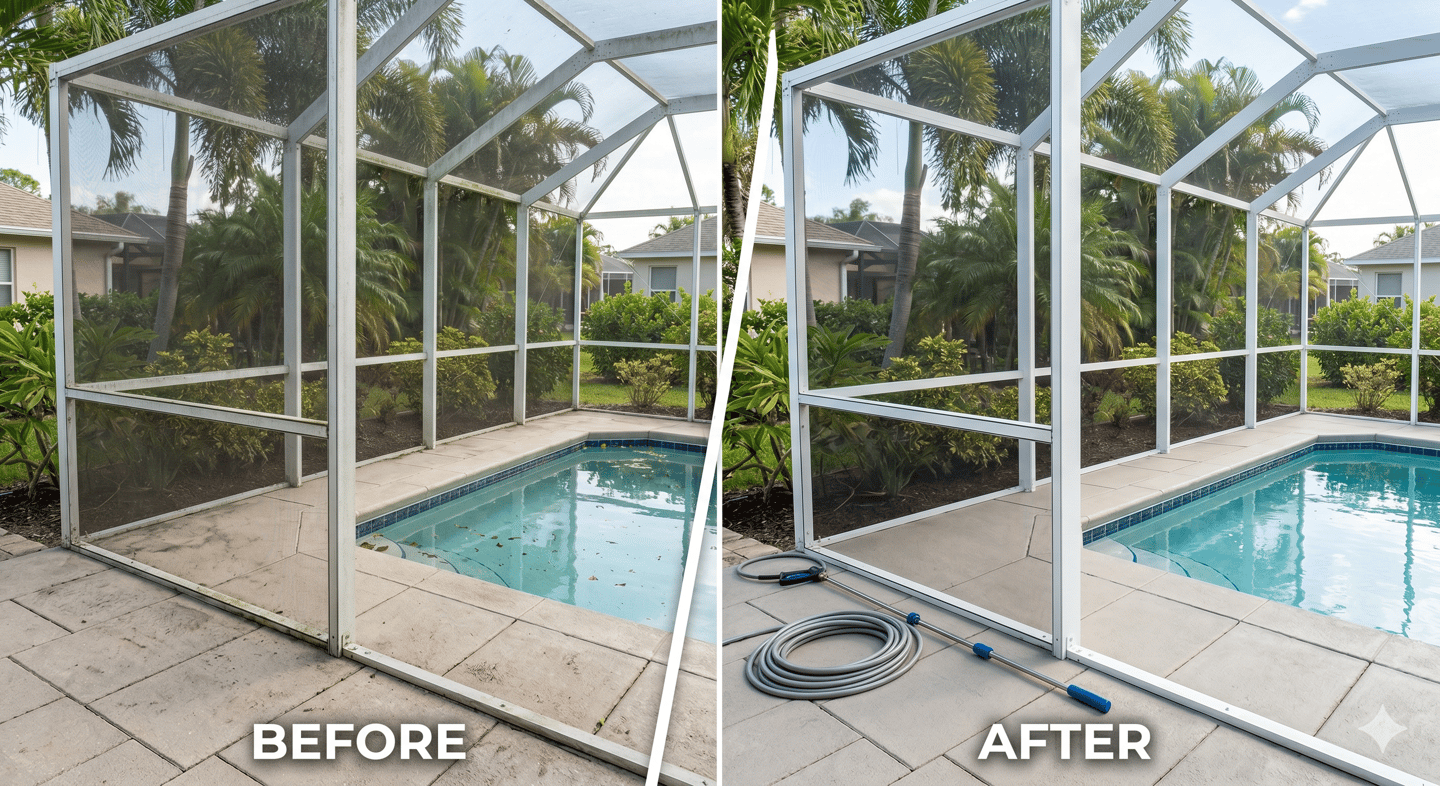 Before and after results of a professional pool cage and deck pressure washing in Cape Coral.