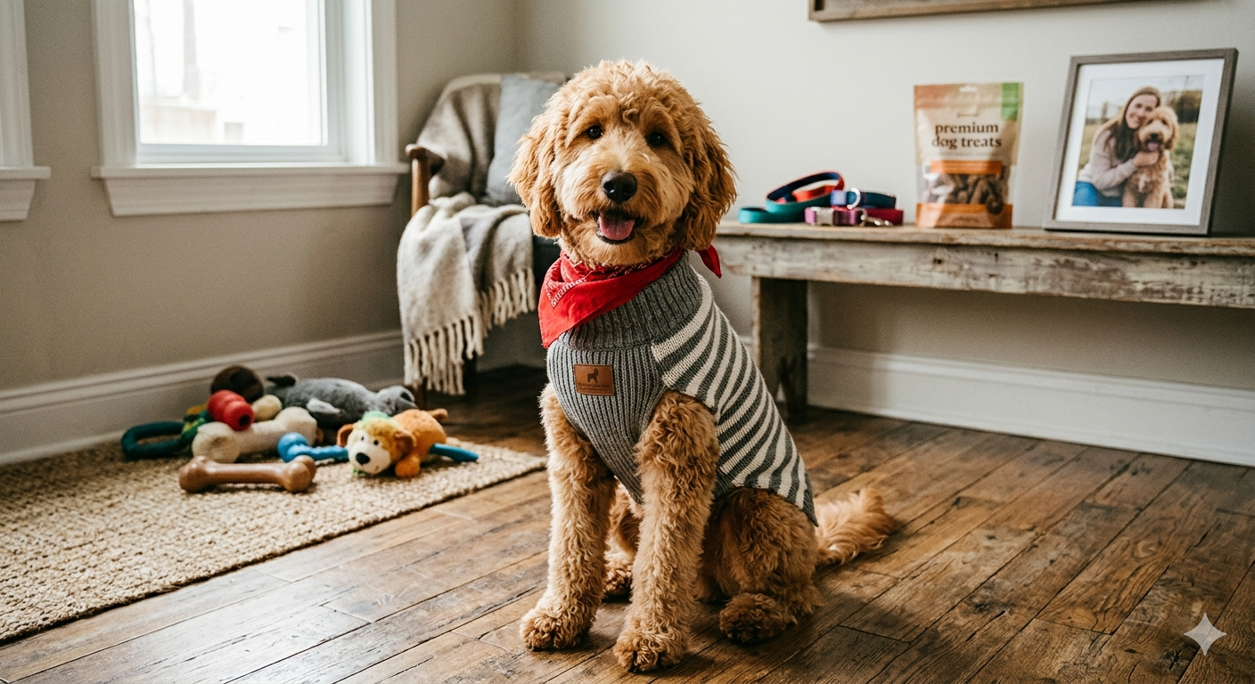 Golden Goldendoodle puppy wearing a striped dog sweater and red bandana sitting on hardwood floors with pet toys.