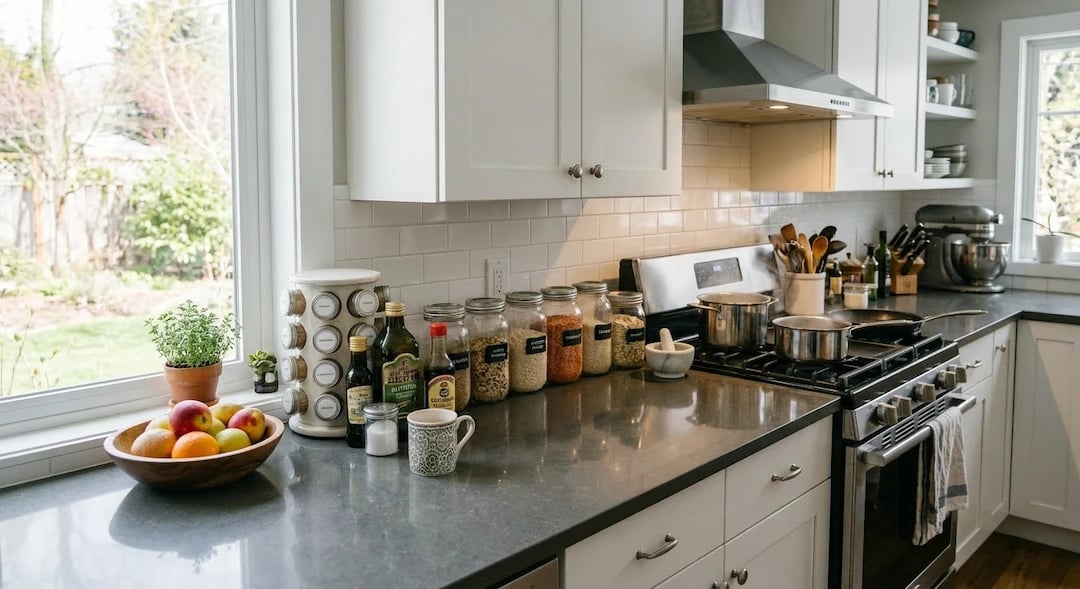 Modern organized kitchen counter with spice jars, fruit bowl, and stove in a bright white kitchen.