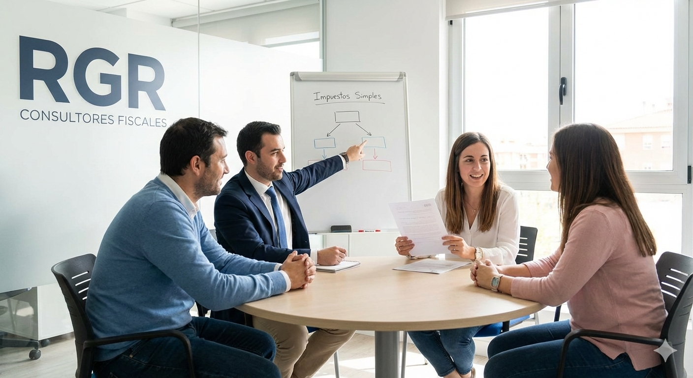 Consultores fiscales de RGR en reunión estratégica en oficina corporativa moderna.