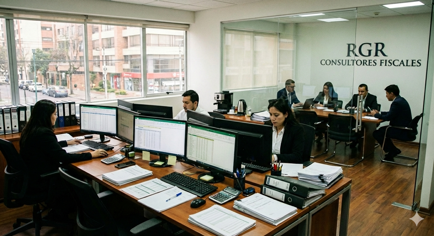 Profesionales en asesoría fiscal de RGR gestionando obligaciones tributarias en oficina.