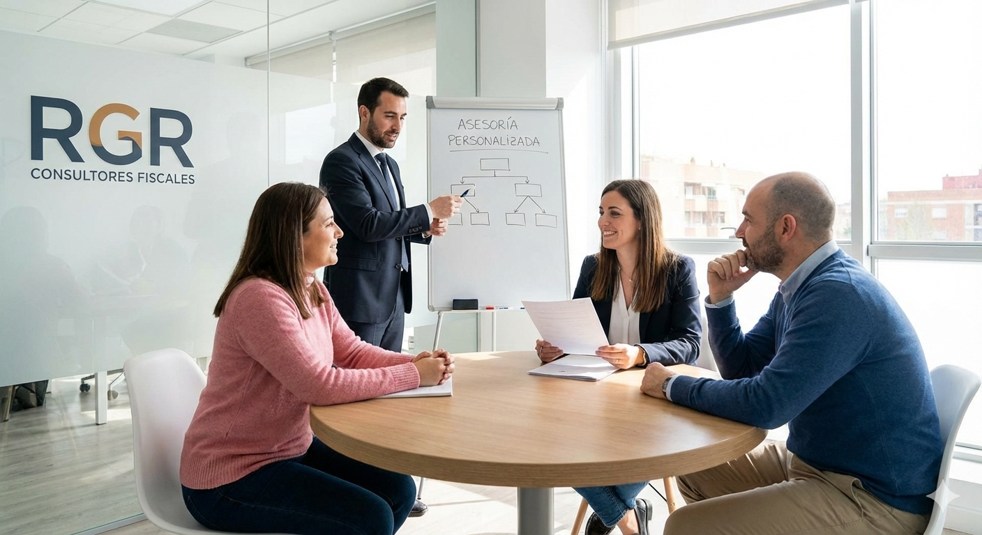 Reunión de asesoría fiscal personalizada con clientes en oficina corporativa.