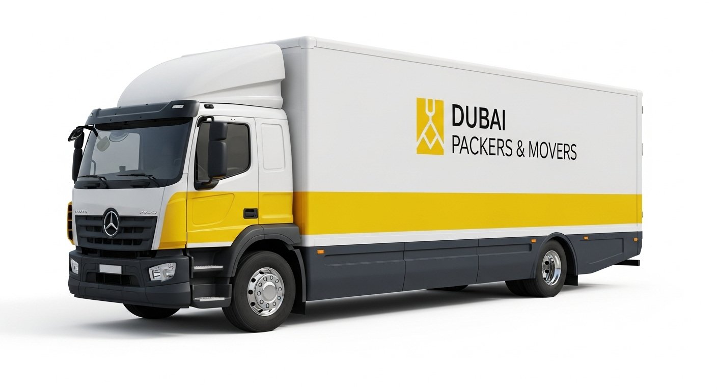 Professional white and yellow Dubai packers and movers delivery truck for commercial relocation services.