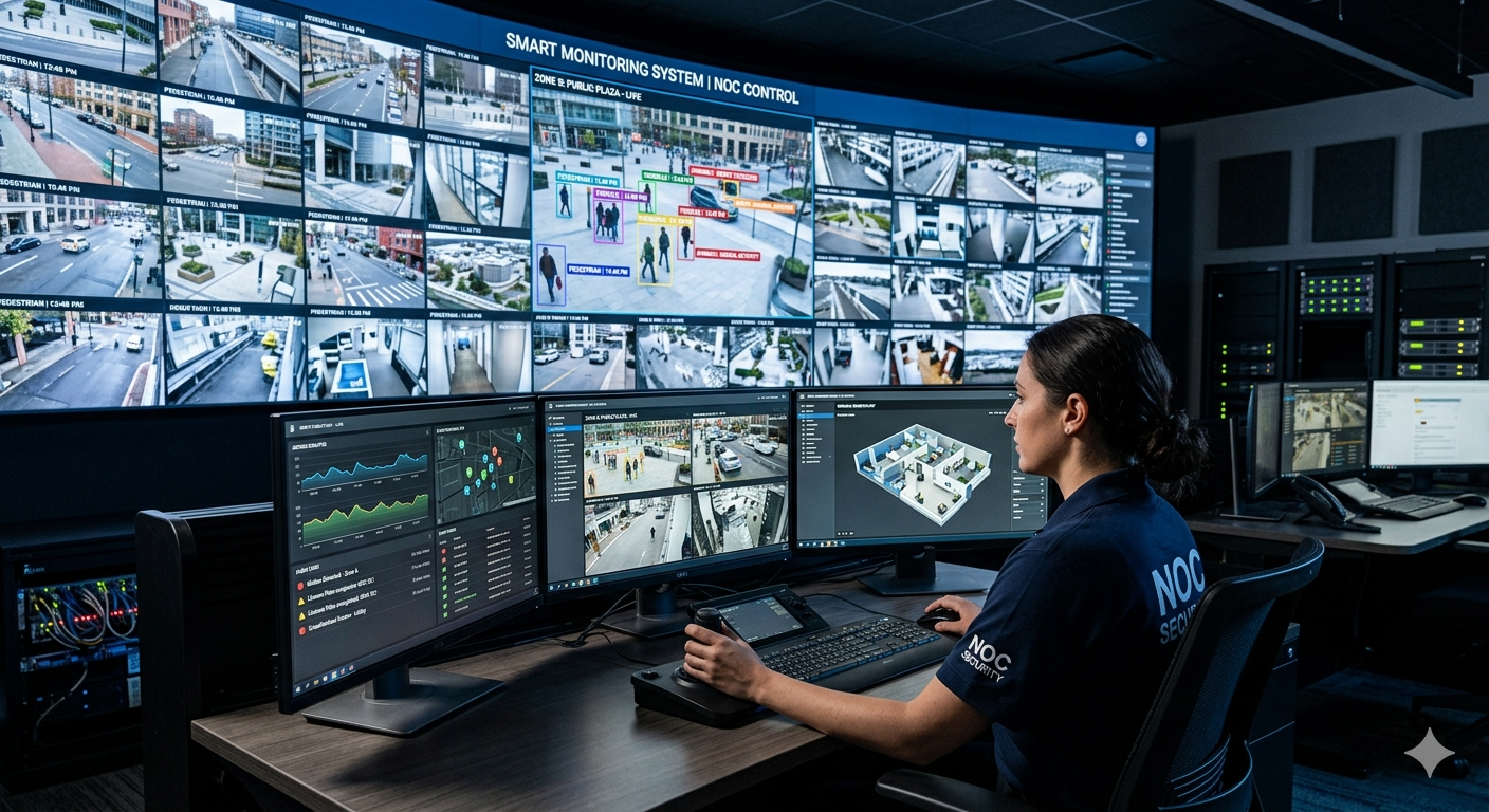 An image of a high-tech modern Network Operations Center (NOC) control room.