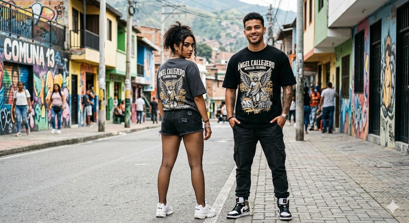 Models wearing Angel Callejero streetwear t-shirts in the colorful Comuna 13 district of Medellin.