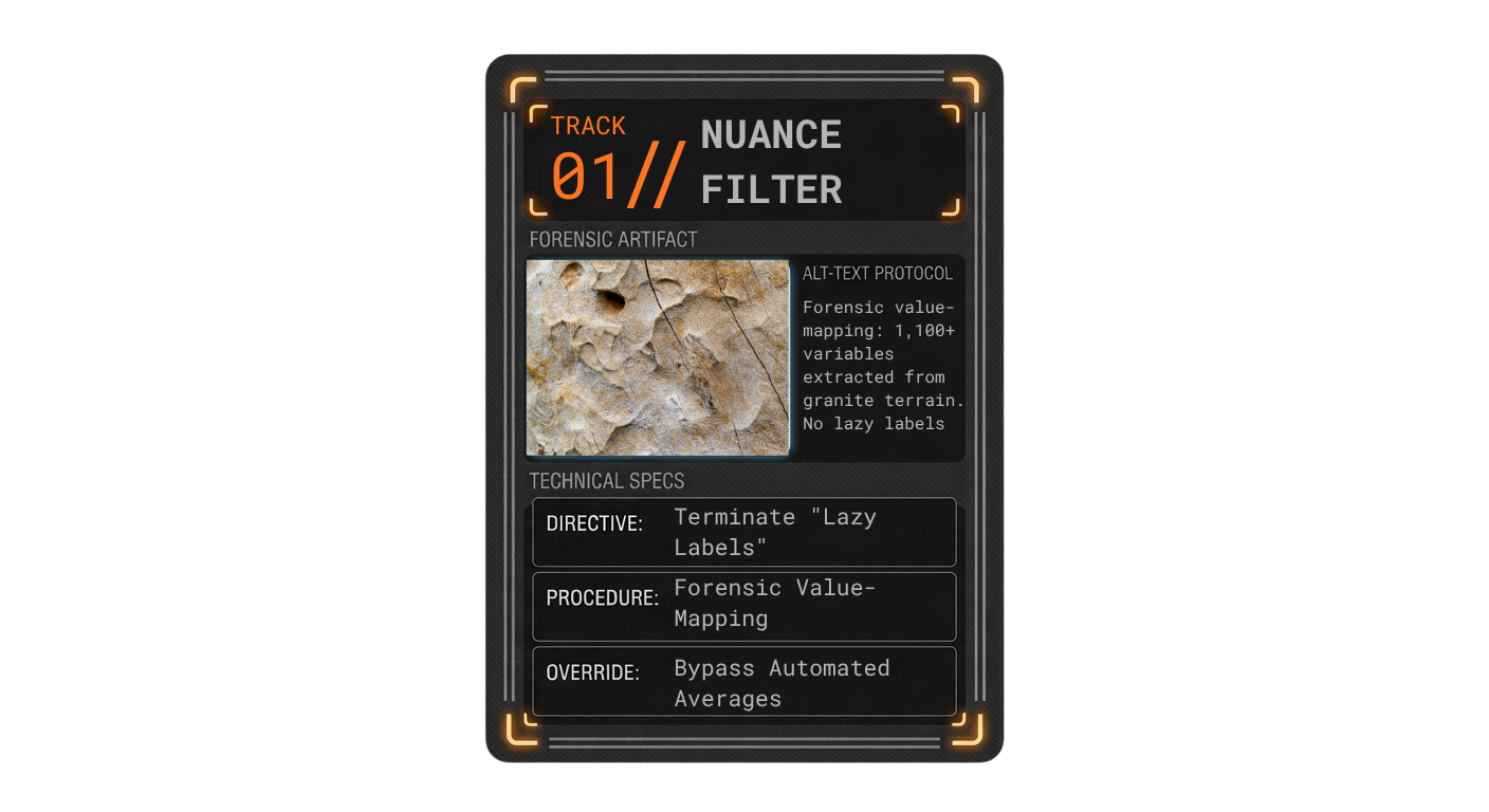 Forensic value-mapping: 1,100+ variables extracted from granite terrain. No lazy labels