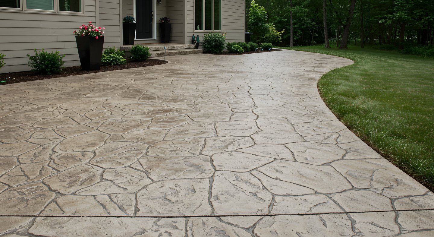 Stamped decorative concrete patio with natural stone pattern finish