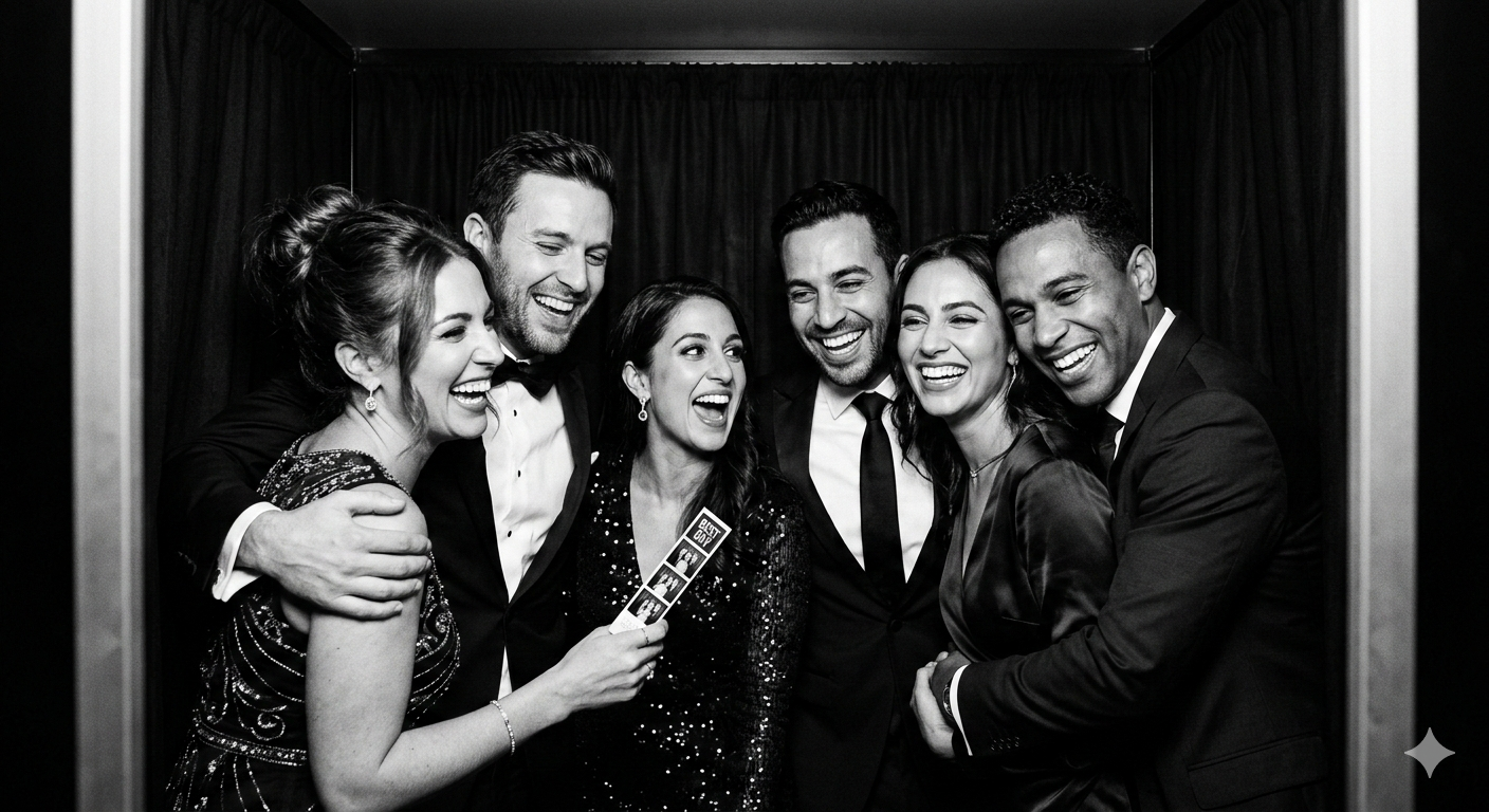 Black and white photo of smiling friends celebrating in a wedding photo booth with event props.