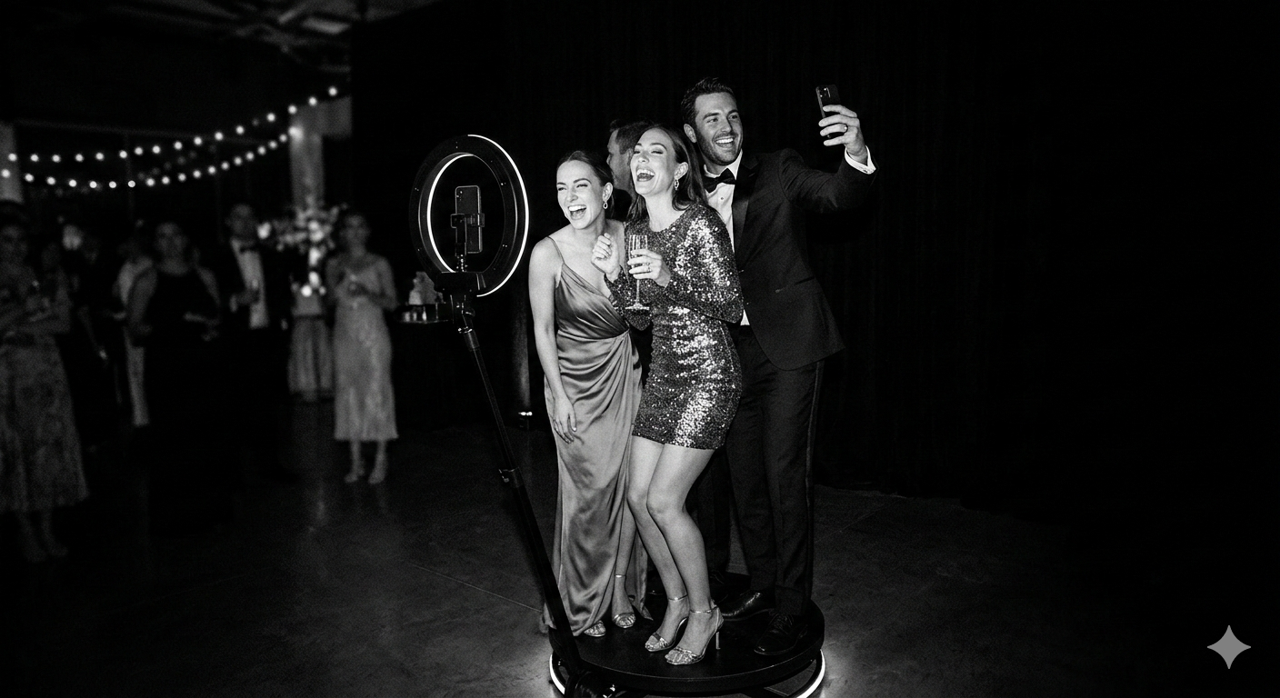 A group of happy wedding guests takes a video on a 360 photo booth at a formal event.