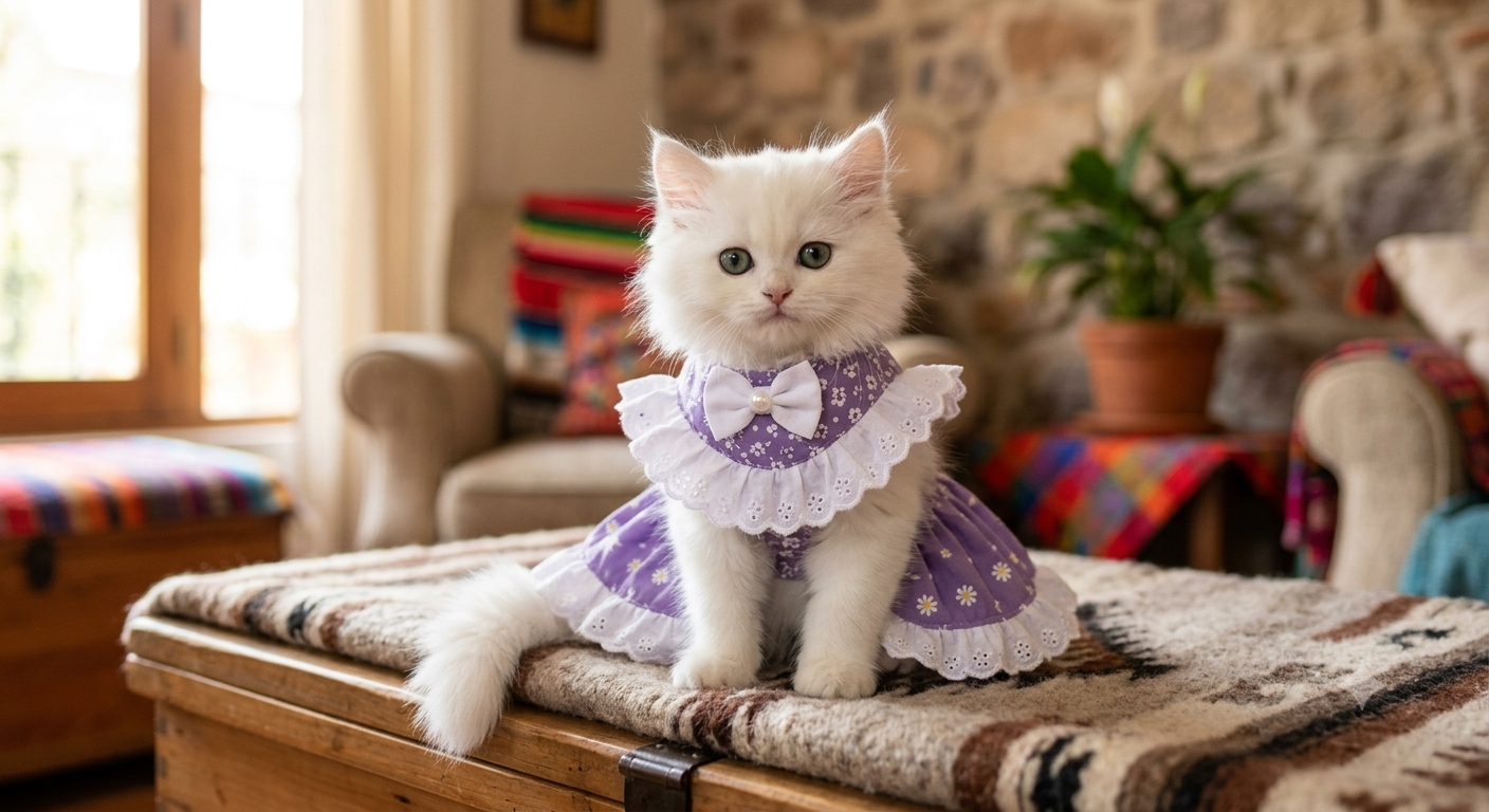 Vestido Floral Morado para Gatas con Moño y Encaje Blanco