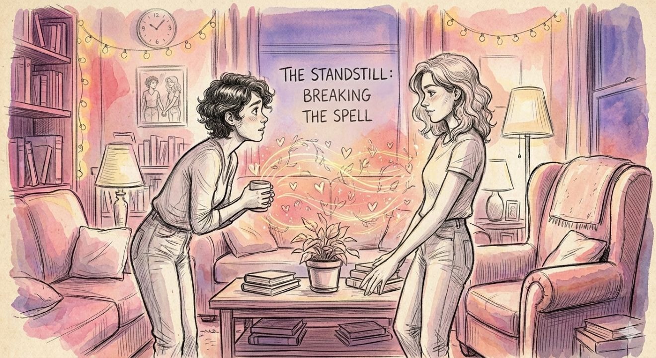 Pencil sketch of two women in the 'Lesbian Standstill,' visualizing pining and tension.