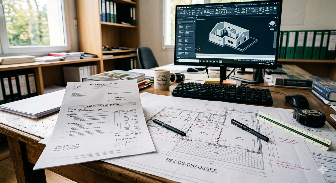 Architectural floor plans and renovation documents on a wooden desk with a 3D CAD model on a computer monitor.