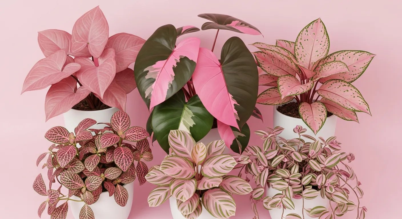 Colección de 5 plantas de interior con hojas de color rosa: Syngonium, Philodendron, Fittonia, Aglao