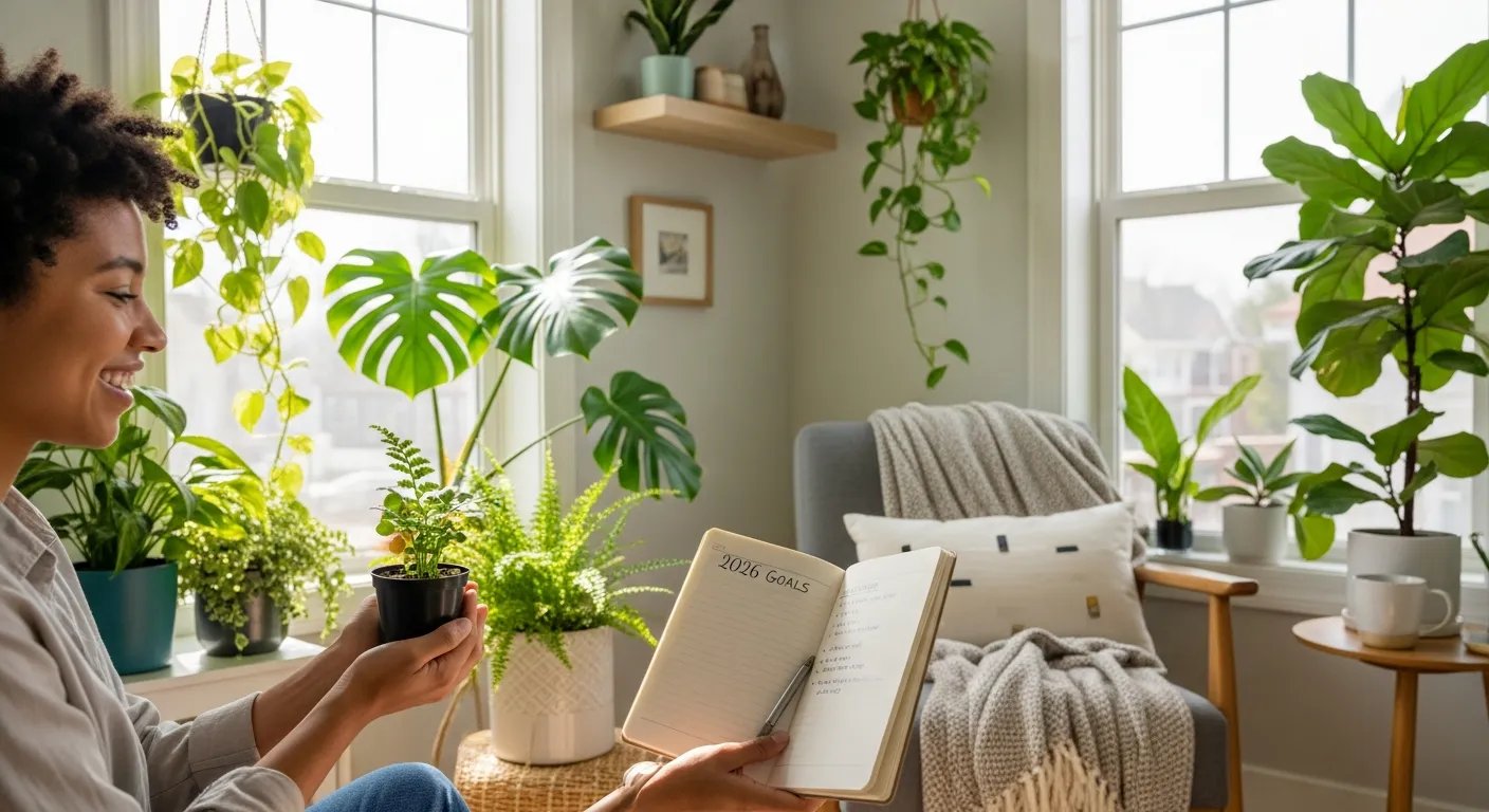 Libreta de propósitos de año nuevo rodeada de plantas de interior sanas y bonitas.