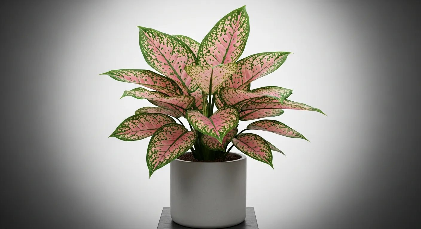 Aglaonema con hojas verdes manchadas de rosa.