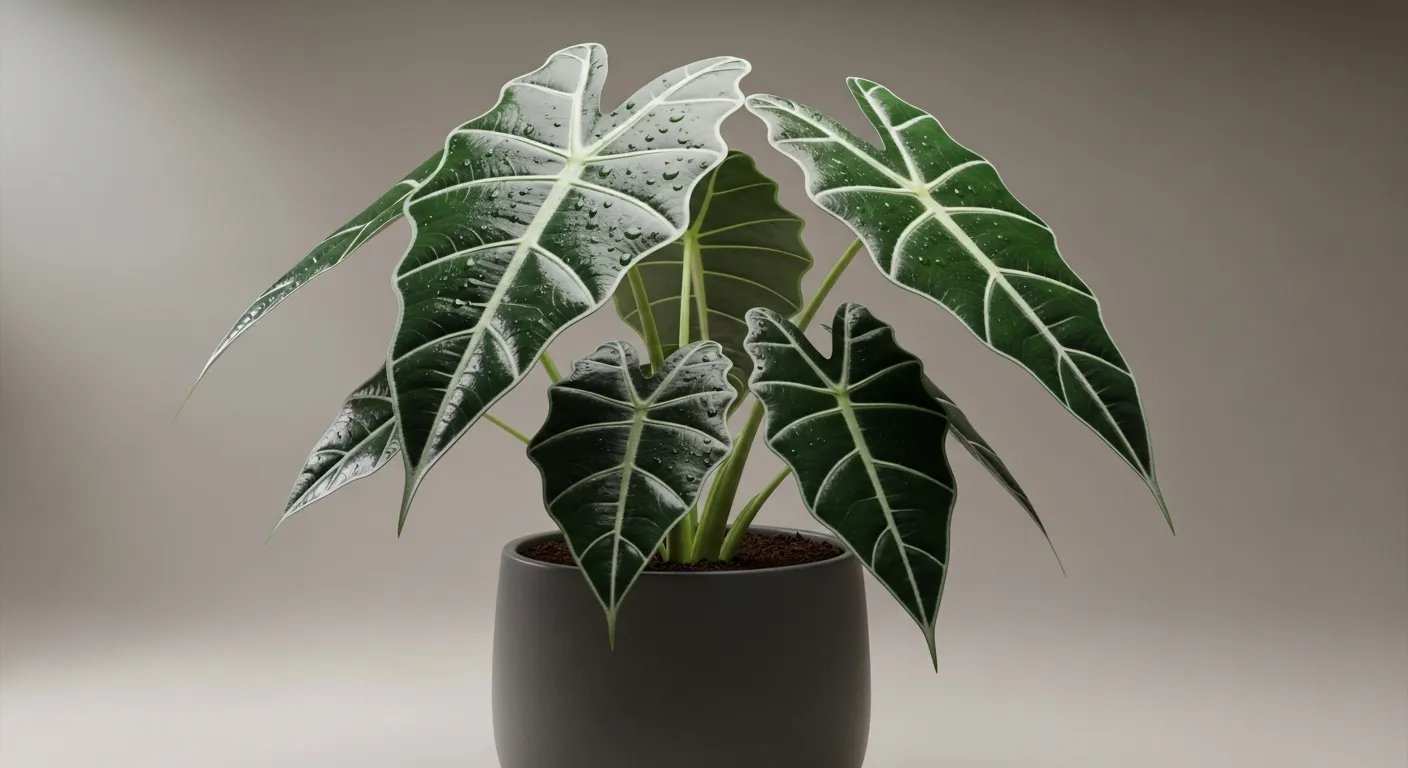 Alocasia Polly u Oreja de Elefante Mini con hojas oscuras y venas blancas marcadas.