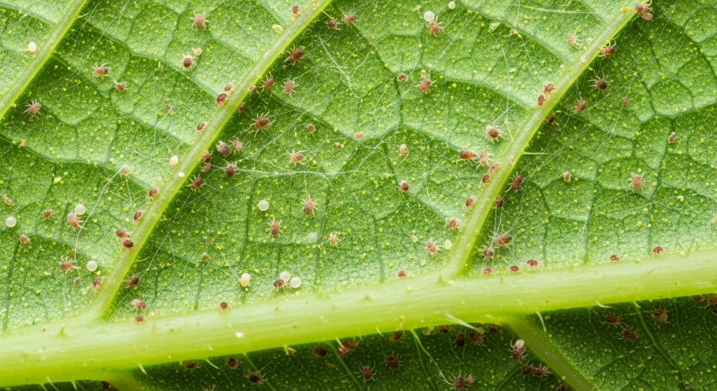 Envés de una hoja con finas telarañas y puntos rojos diminutos: síntomas de Araña Roja.