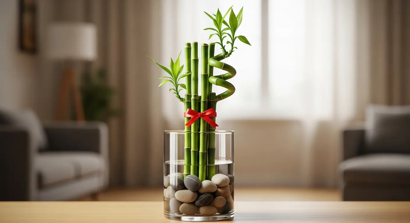 Bambú de la Suerte en jarrón de cristal con piedras y lazo rojo, planta ideal para Feng Shui.