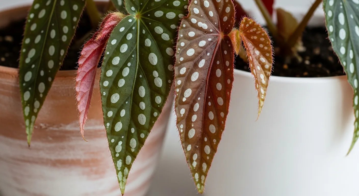 Begonia Maculata con hojas de lunares y envés rojo intenso.