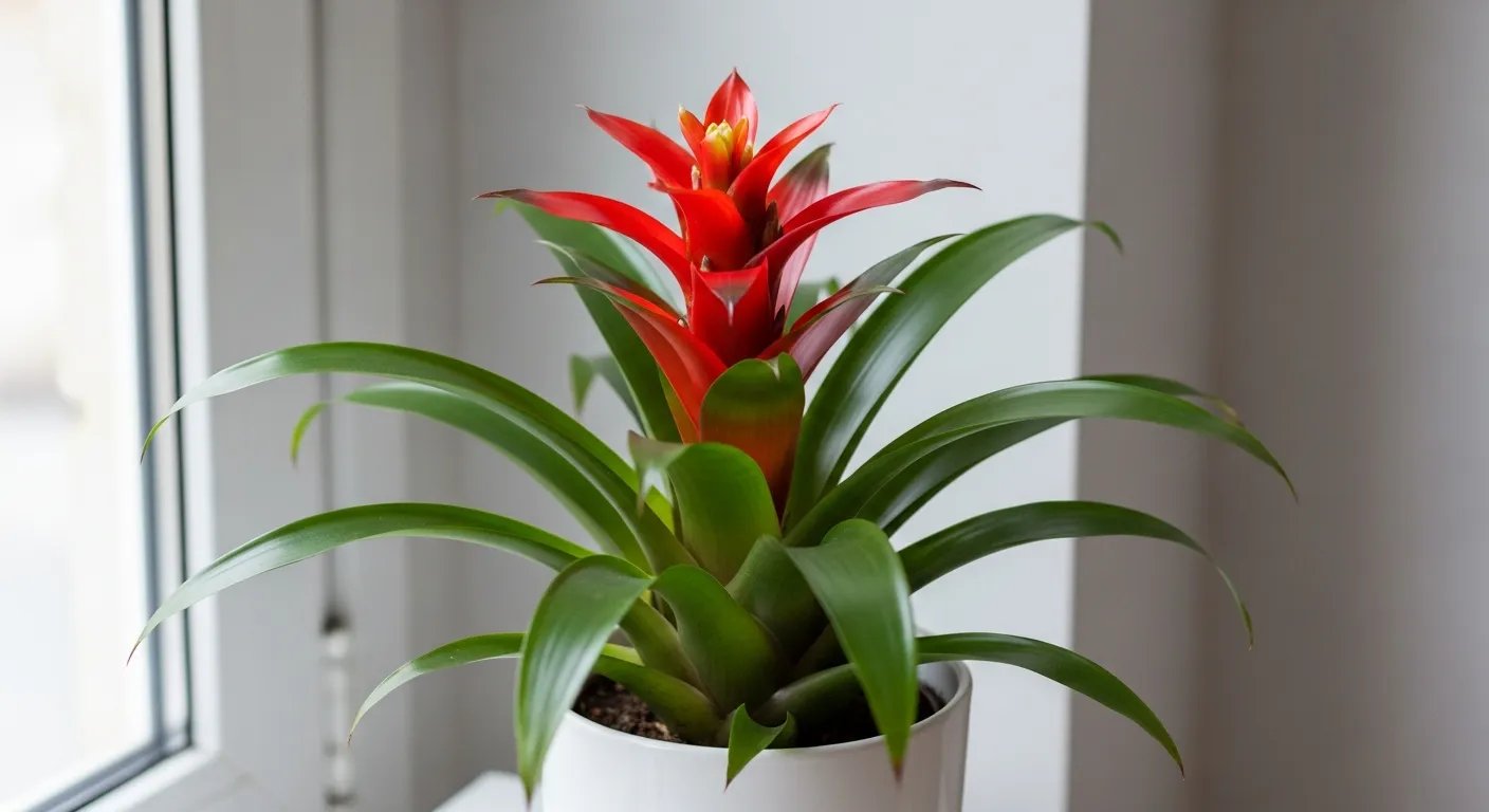 Bromelia Guzmania con flor roja intensa en maceta blanca.
